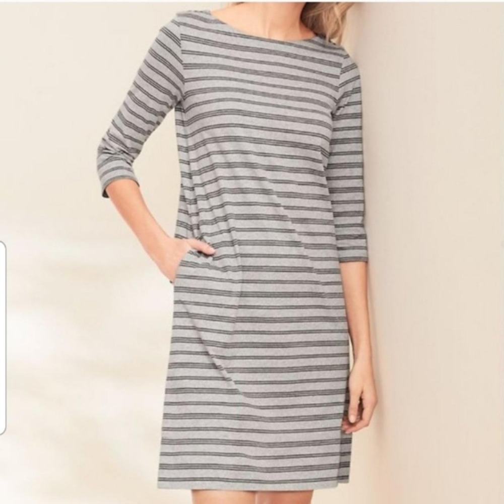 Garnet Hill Organic Shift Dress Sz 16 Gray Striped Boat Neck Pockets Autumn